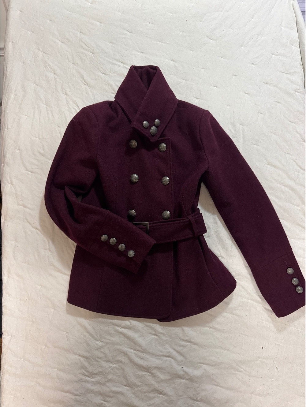 Black by Vera Wang Burgundy Wool Military Style Coat with Belt